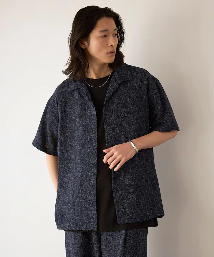 Dry Touch Summer Tweed Short Sleeve Open Collar Shirt