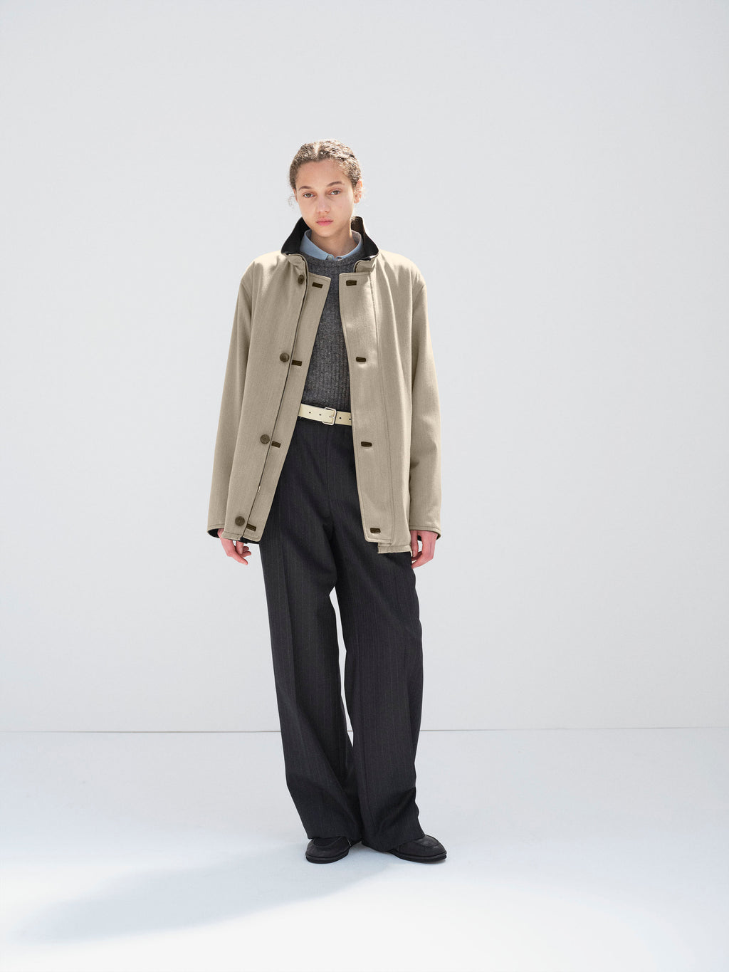 REVERSIBLE WOOL TWISTED TWILL / SHEEP LEATHER HALF COAT