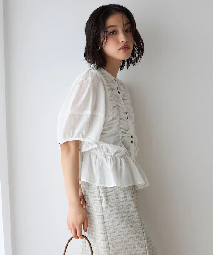 Sheer Shirring Volume Sleeve Blouse / 5 Short Sleeves