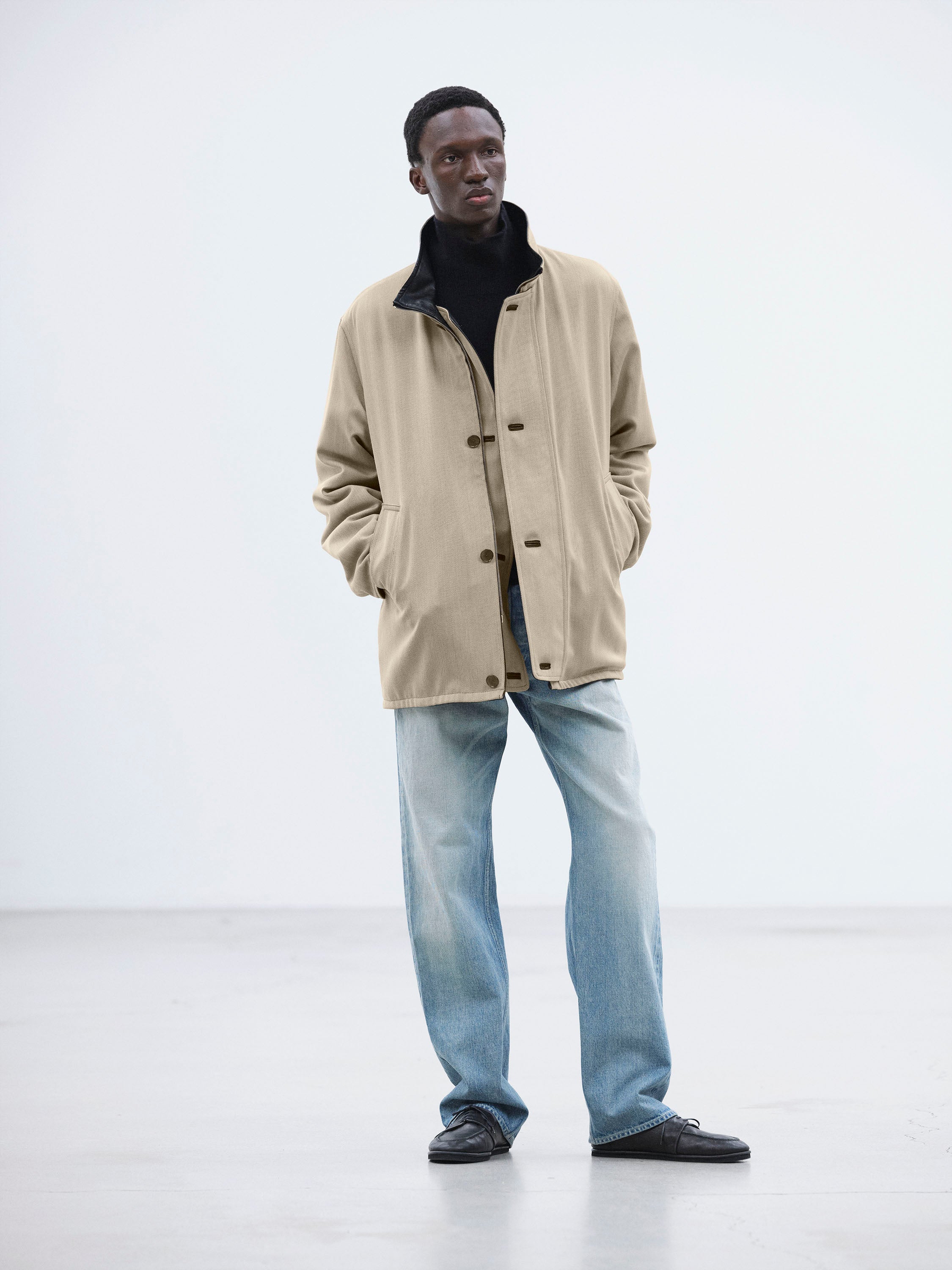 REVERSIBLE WOOL TWISTED TWILL / SHEEP LEATHER HALF COAT