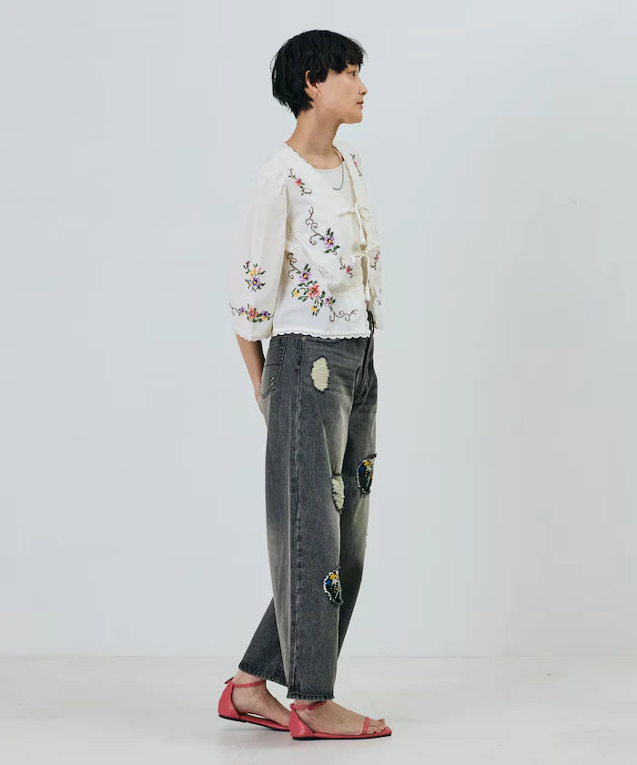 Flower Embroidery Wide Denim