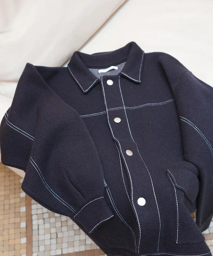 Oversized Wool Blend Knit Coverall / Color Stitch Knit Jacket