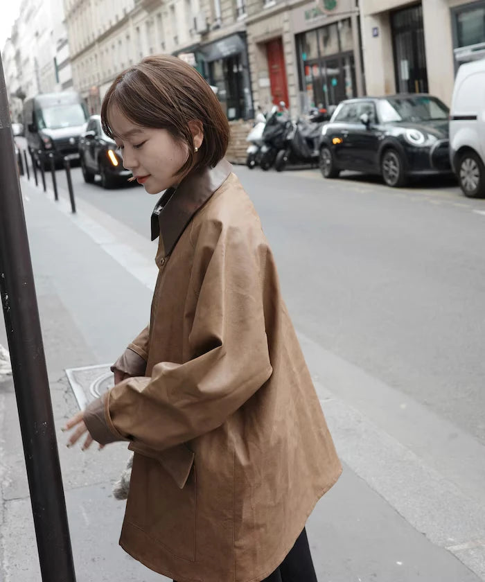 Oversized leatherette blouson / Mixed material switching
