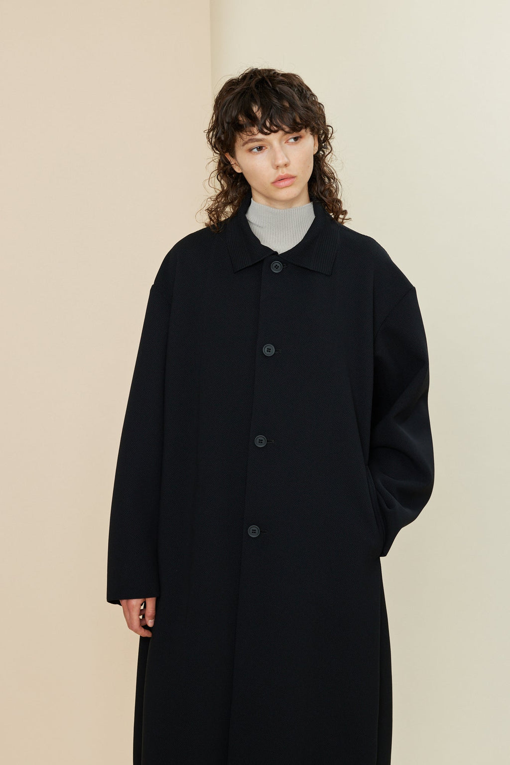 MESH STAND FALL COLLAR LONG COAT