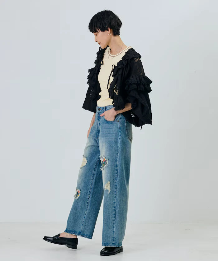 Flower Embroidery Wide Denim