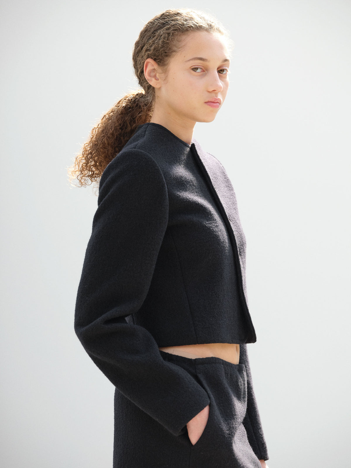 HEAVILY FULLED WOOL COTTON COLLARLESS JACKET