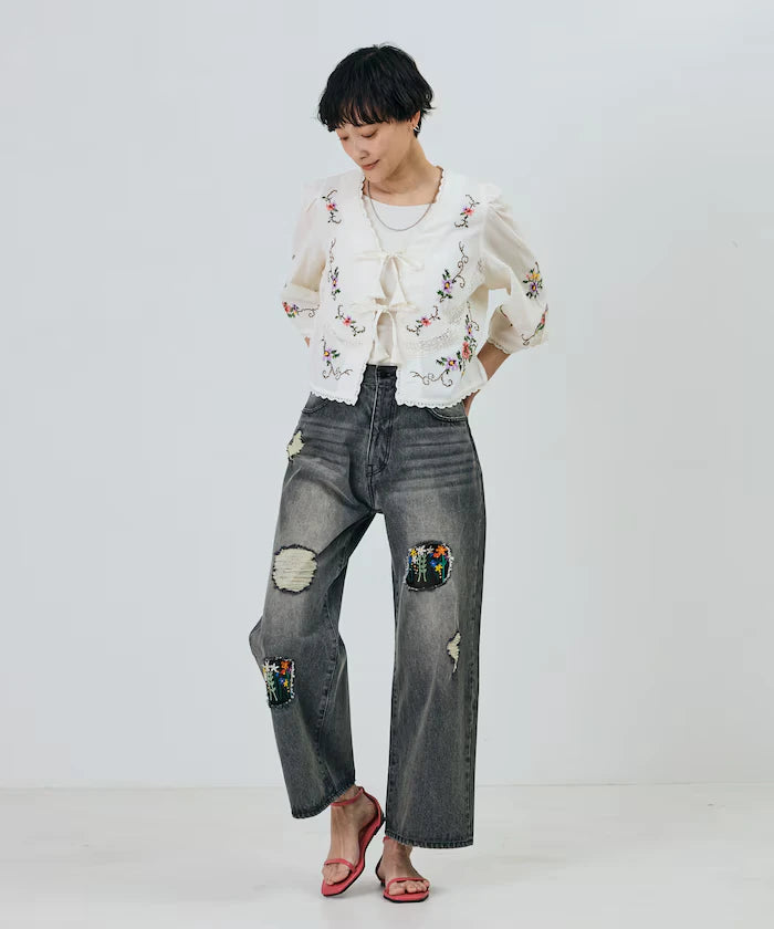 Flower Embroidery Wide Denim