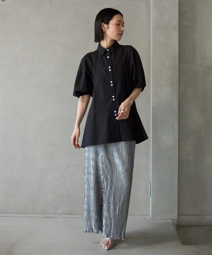 Switching Design Balloon Sleeve Shirt / 5-Minute Sleeve Blouse