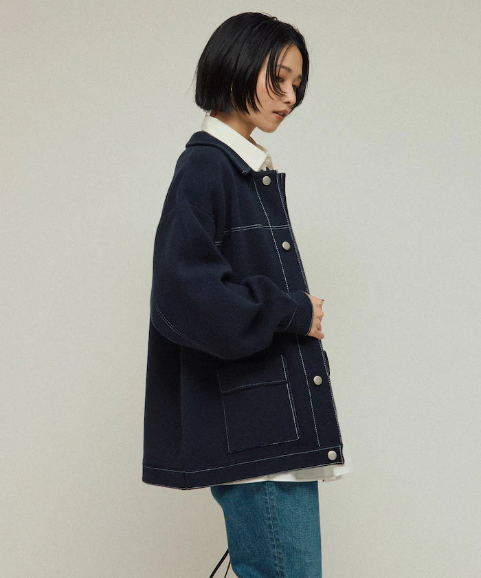 Oversized Wool Blend Knit Coverall / Color Stitch Knit Jacket