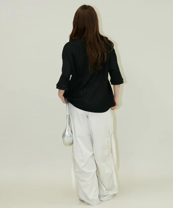LOVE POP STUDIO Pattern Mesh Henley Neck T-Shirt Limited Release