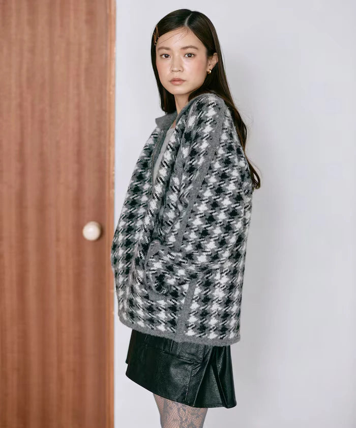 Wool Blend Gancube Check Knit Zip Blouson