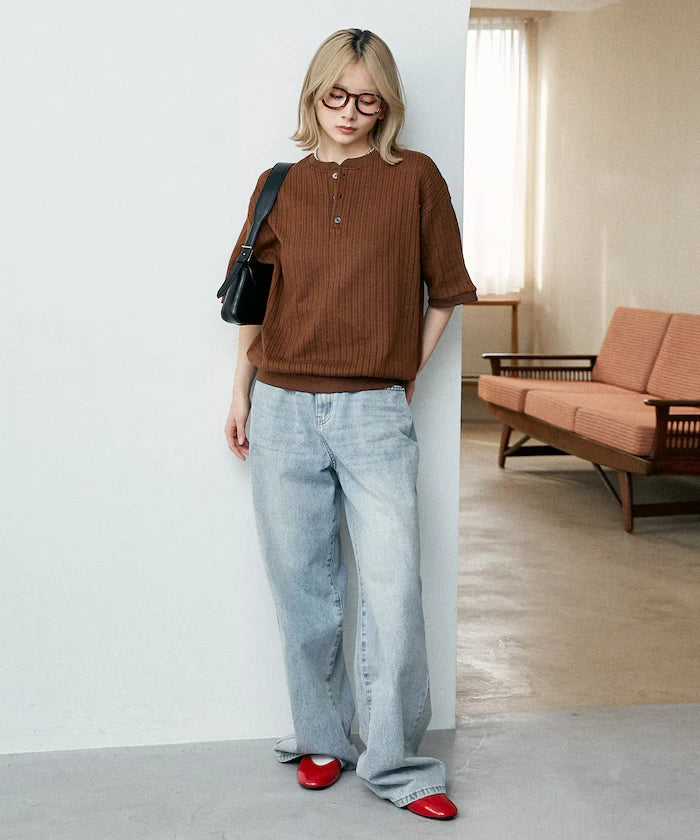 LOVE POP STUDIO Pattern Mesh Henley Neck T-Shirt Limited Release