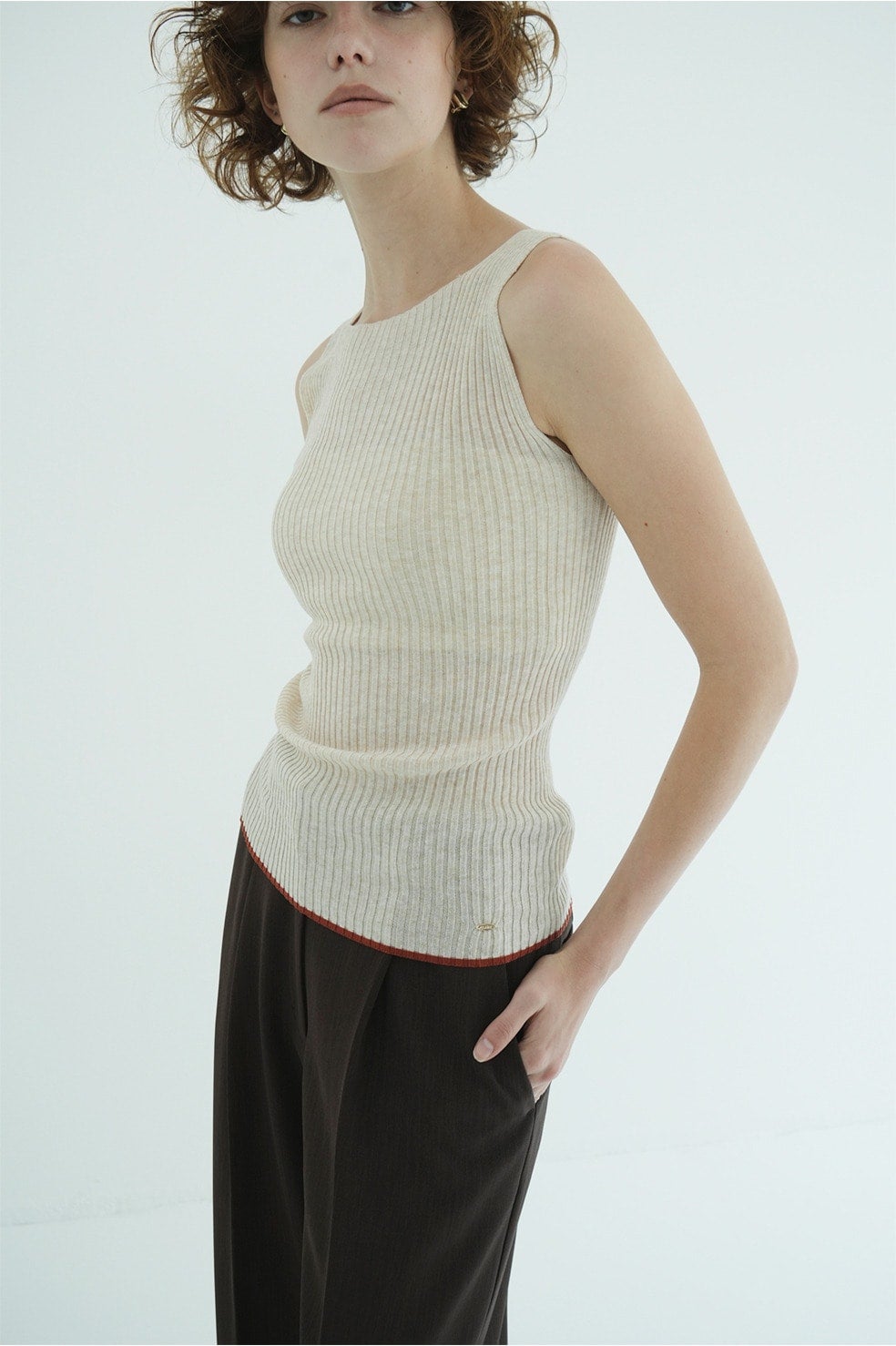 W FACE CONTRAST HEM RIB KNIT TANK TOPS