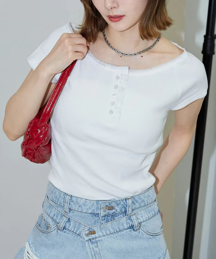 Collar Lace Contrast Henry Rib T-Shirt