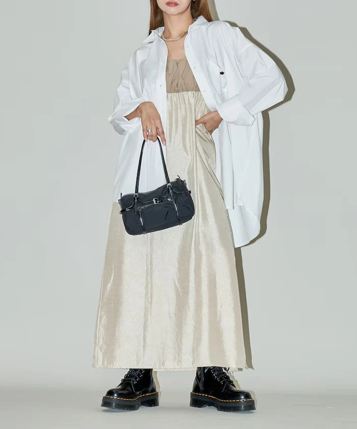 Mixed Material Shirring Satin Dress Limited Release