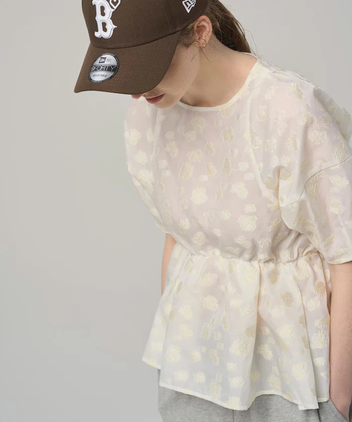 Flower Sheer Jacquard Volume Sleeve Peplum Blouse / 5 Minutes Sleeve