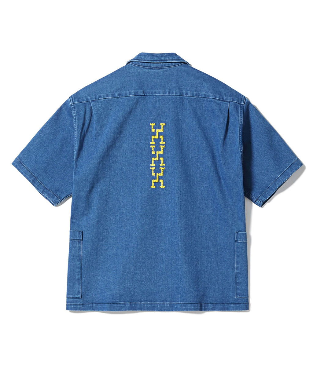 MODUCT CHINO DENIM SCRAB SHIRT with CRACK PRINT AGING MODEL
