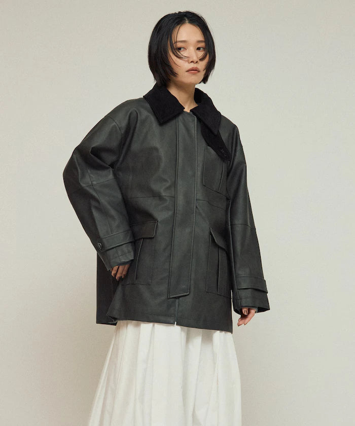 Oversized Crush Leatherette Jacket / Collar Corduroy