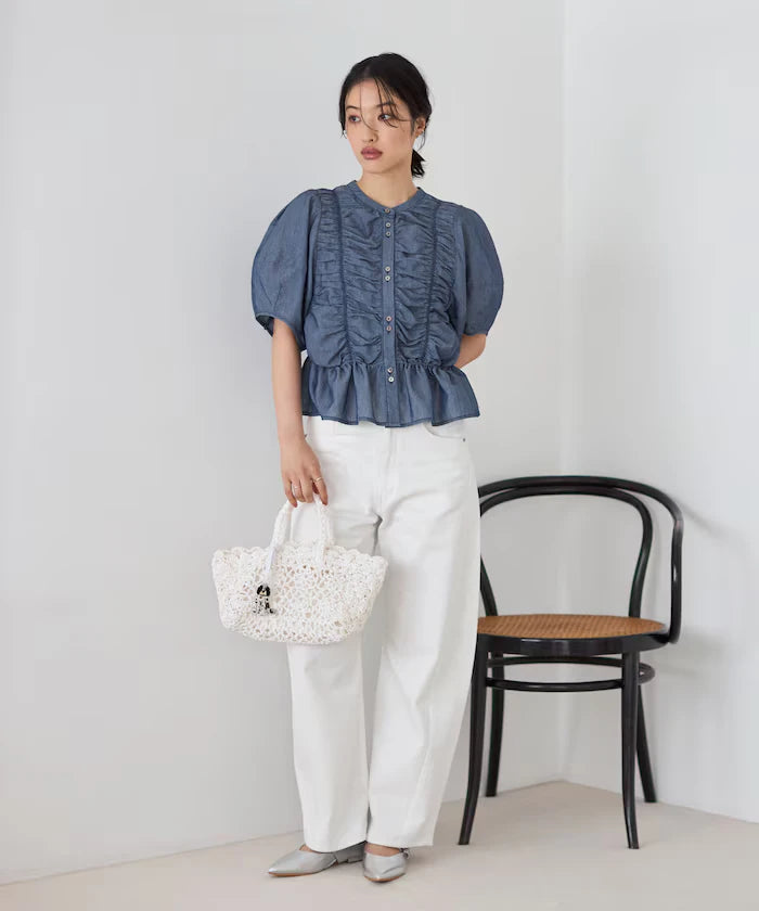 Sheer Shirring Volume Sleeve Blouse / 5 Short Sleeves