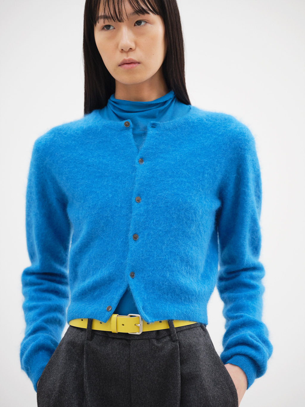 GARMENT-DYED BABY ALPACA FUR KNIT CREW-NECK CARDIGAN