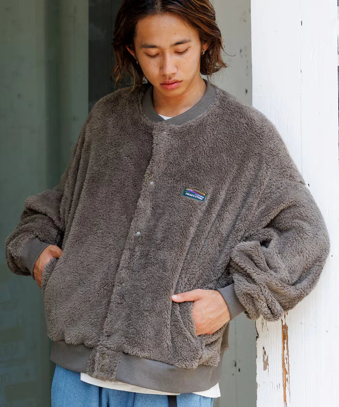 Relaxed Fit Shaggy Fleece Crew Neck Cardigan