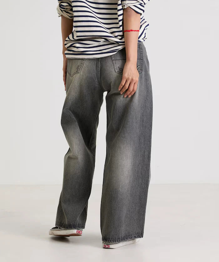 Flower Embroidery Wide Denim