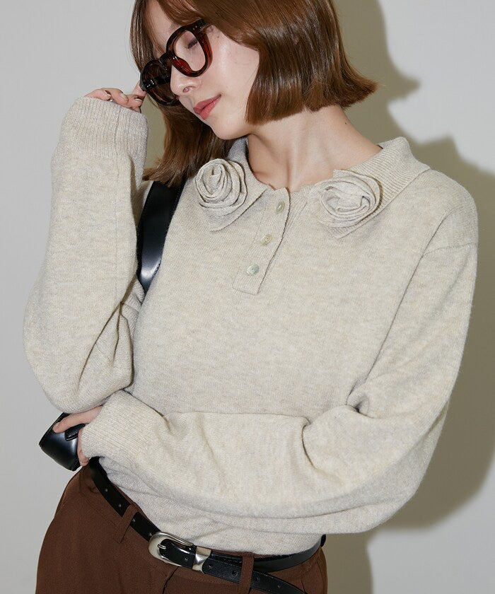 Polo knit pullover with flower motif - limited edition