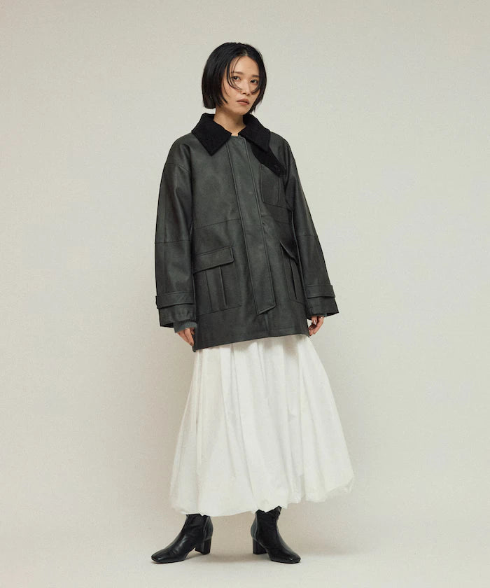 Oversized Crush Leatherette Jacket / Collar Corduroy