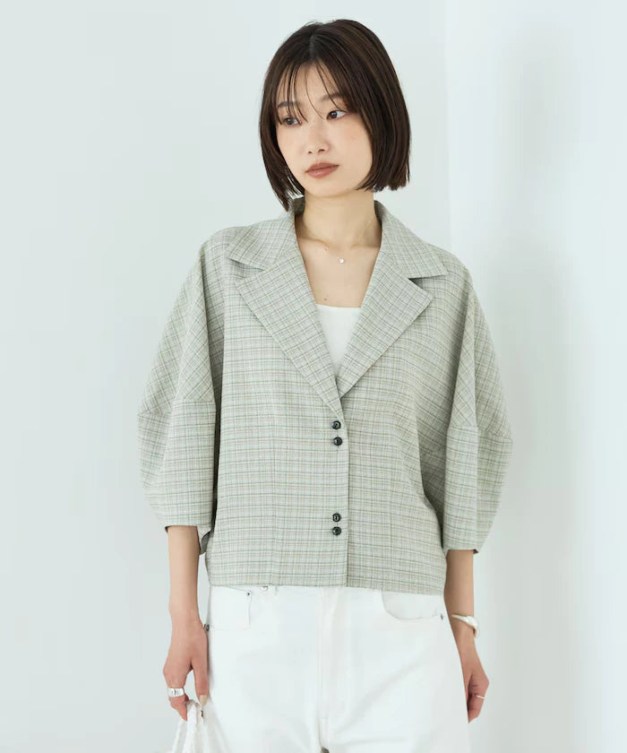 Collar Check Balloon Sleeve Shirt / Compatible with Setup