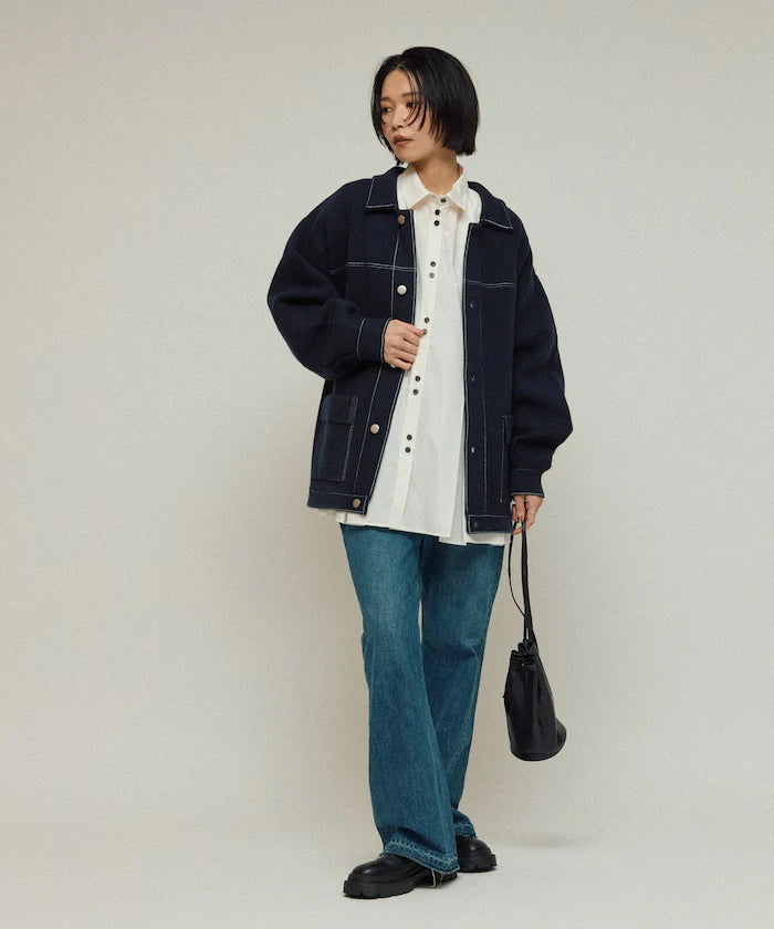 Oversized Wool Blend Knit Coverall / Color Stitch Knit Jacket