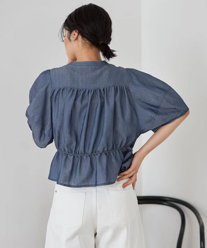 Sheer Shirring Volume Sleeve Blouse / 5 Short Sleeves