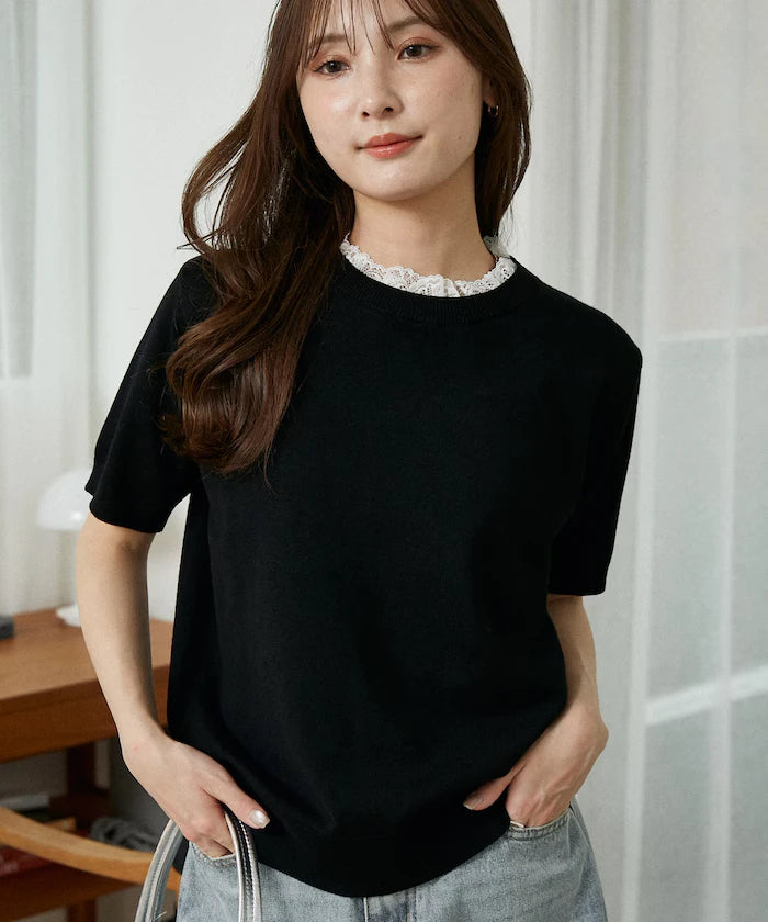 Lace Docking Short Sleeve Knit Top Limited Edition