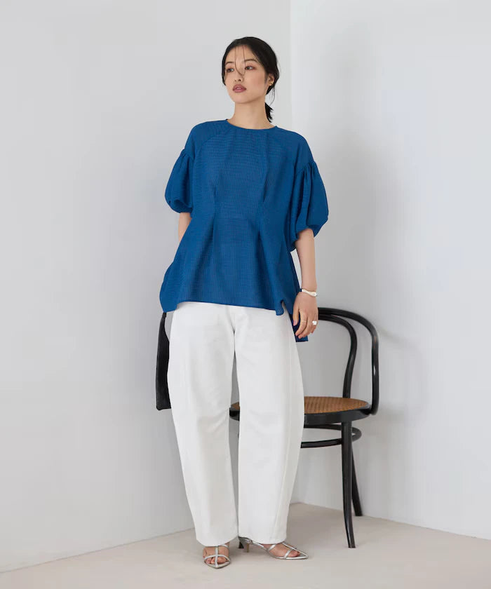 Sheer Check Balloon Sleeve Blouse