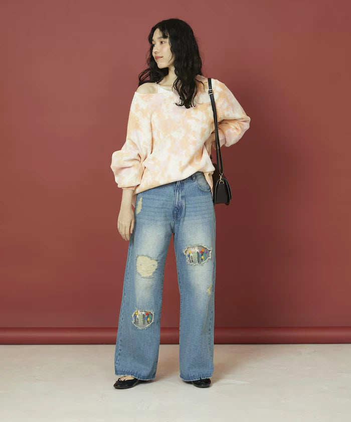 Flower Embroidery Wide Denim