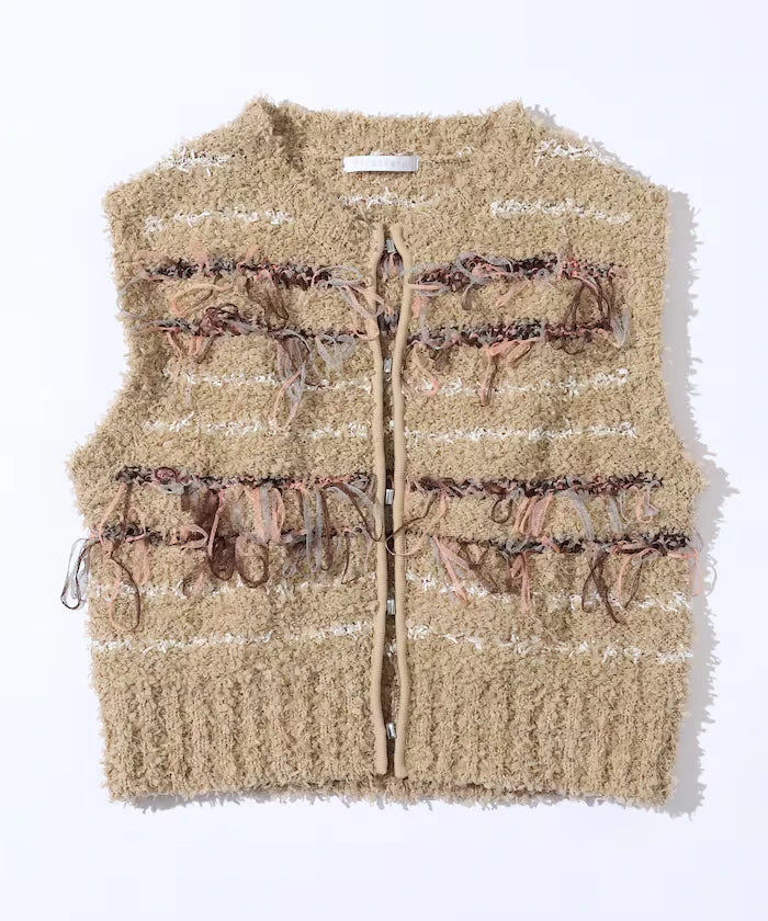 Mixed Material Fringe Knit Vest / Striped Knit Gilet