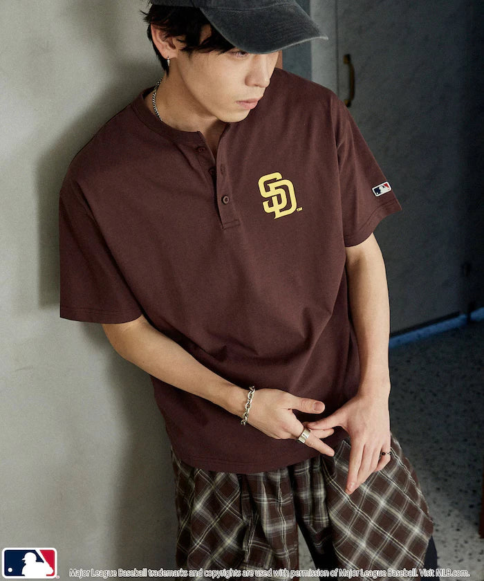 Limited Edition MLB Logo Print Henley Neck Oversized T-Shirt