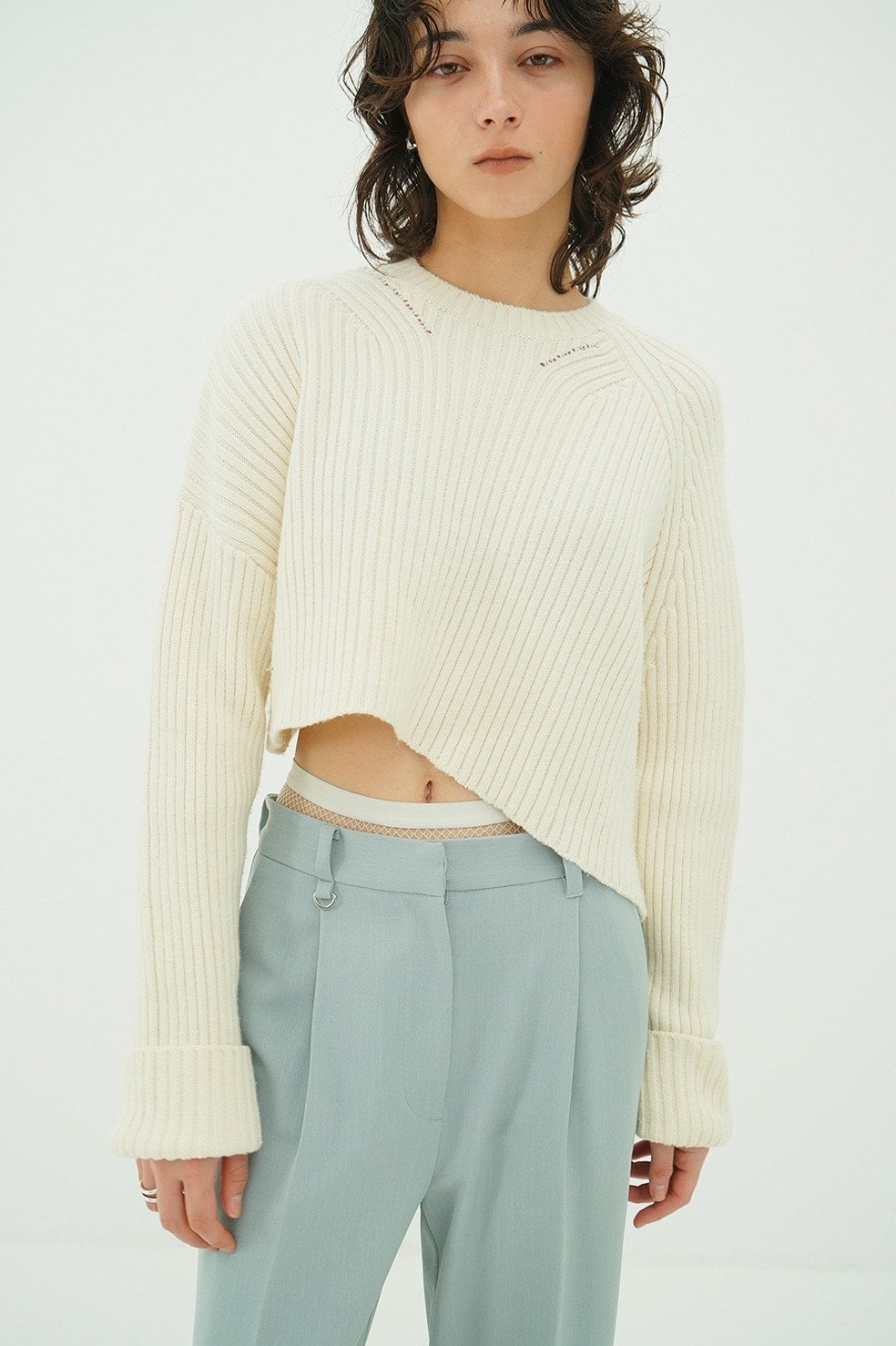 ASYMMETRY WIDE SHORT KNIT TOPS
