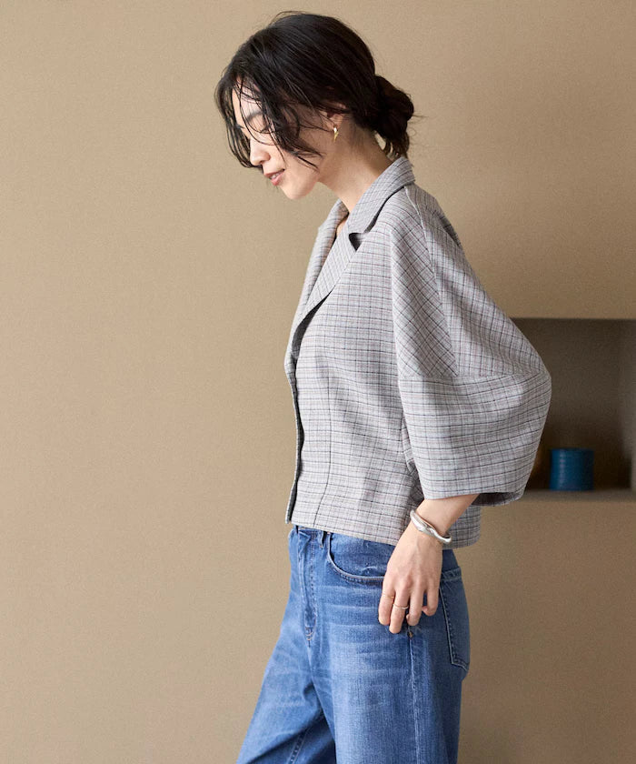 Collar Check Balloon Sleeve Shirt / Compatible with Setup