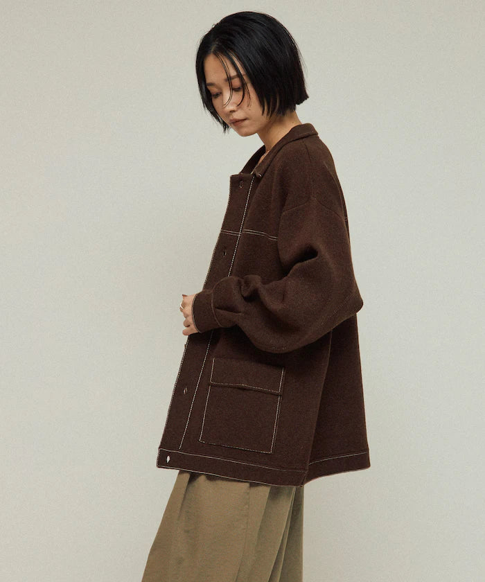Oversized Wool Blend Knit Coverall / Color Stitch Knit Jacket