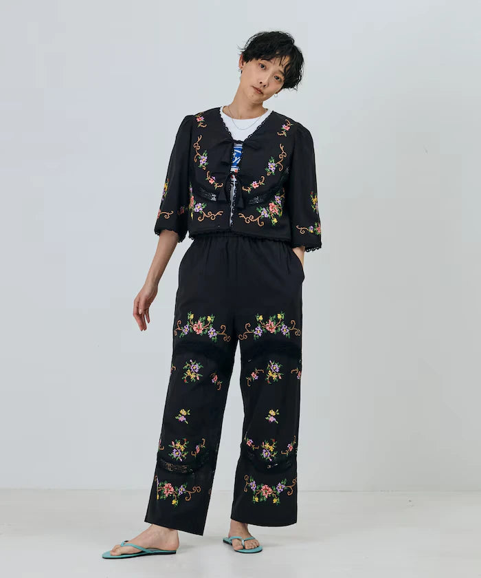 India Flower Cross Embroidery Lace Pants