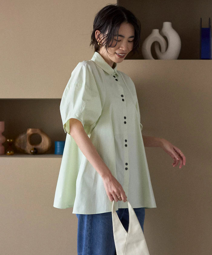 Color Added Balloon Sleeve Shirt / 5 Sleeve Blouse