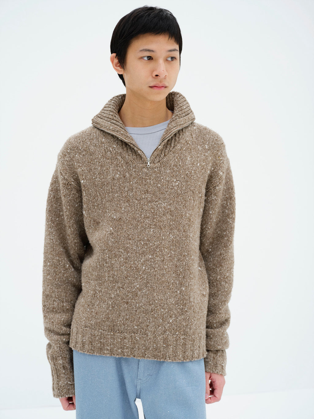 LOW-GAUGE HOMESPUN TWEED KNIT ZIP TURTLE