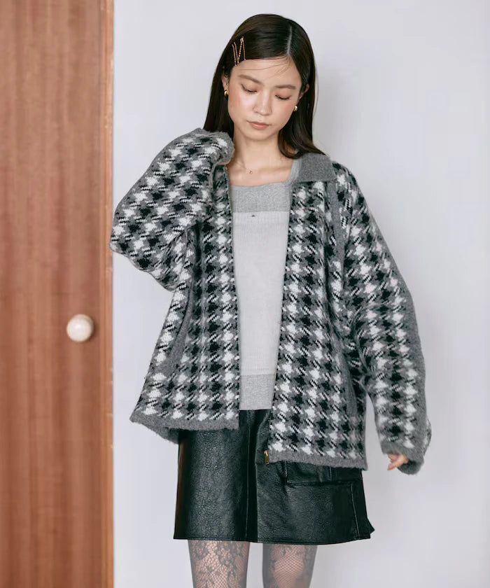 Wool Blend Gancube Check Knit Zip Blouson