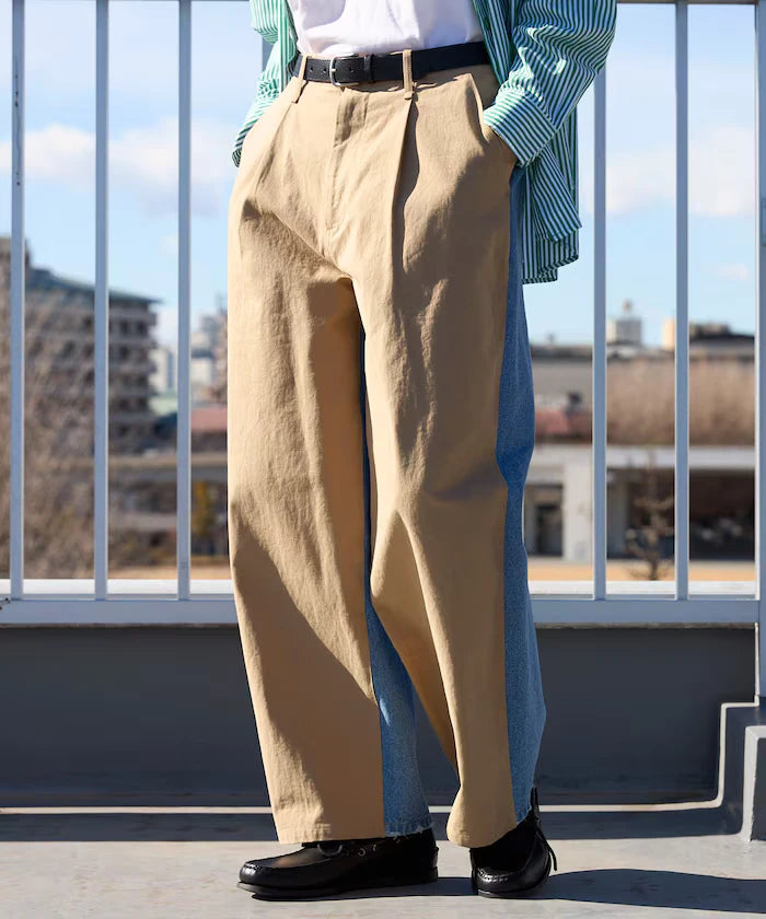 Chino Denim Docking Pants / Wide Straight Pants
