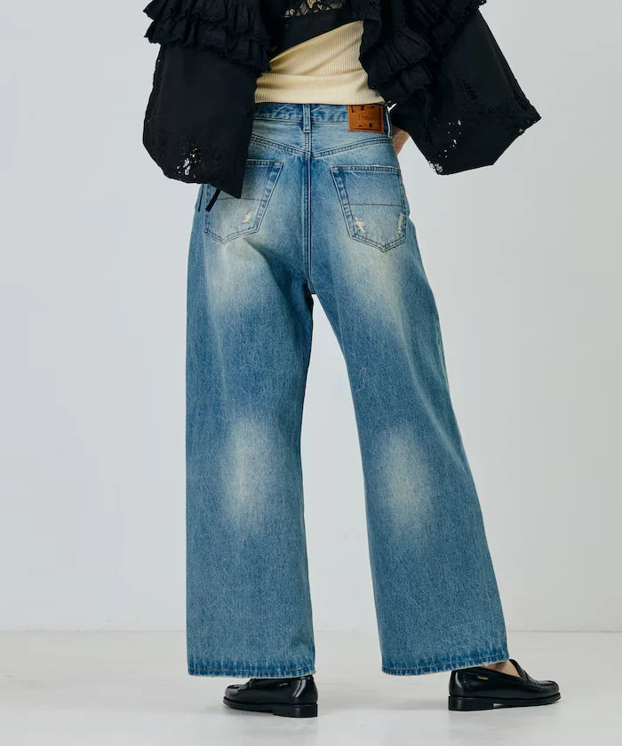 Flower Embroidery Wide Denim