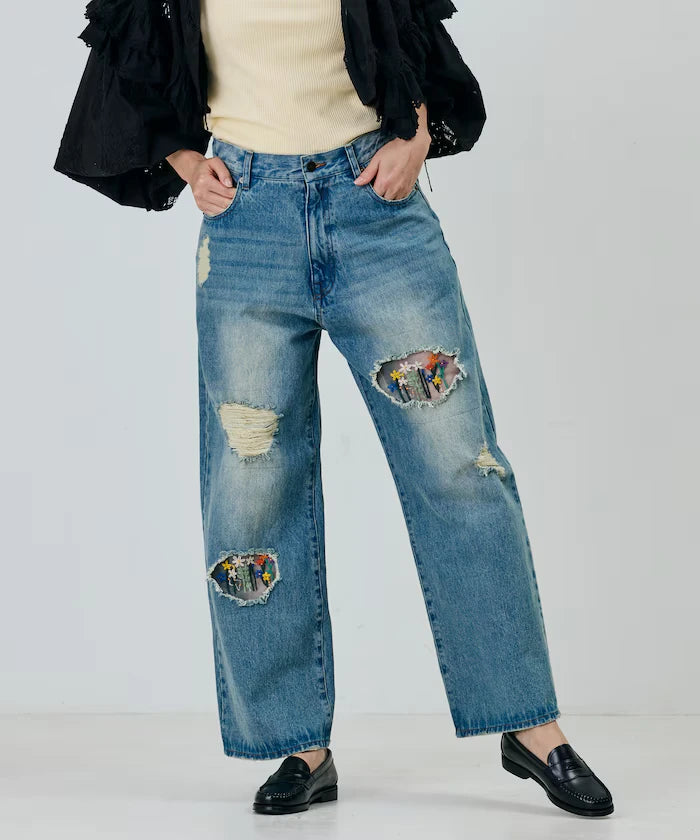 Flower Embroidery Wide Denim