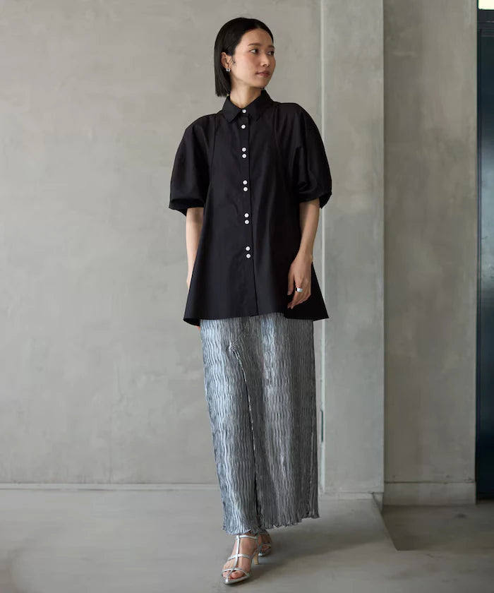 Switching Design Balloon Sleeve Shirt / 5-Minute Sleeve Blouse
