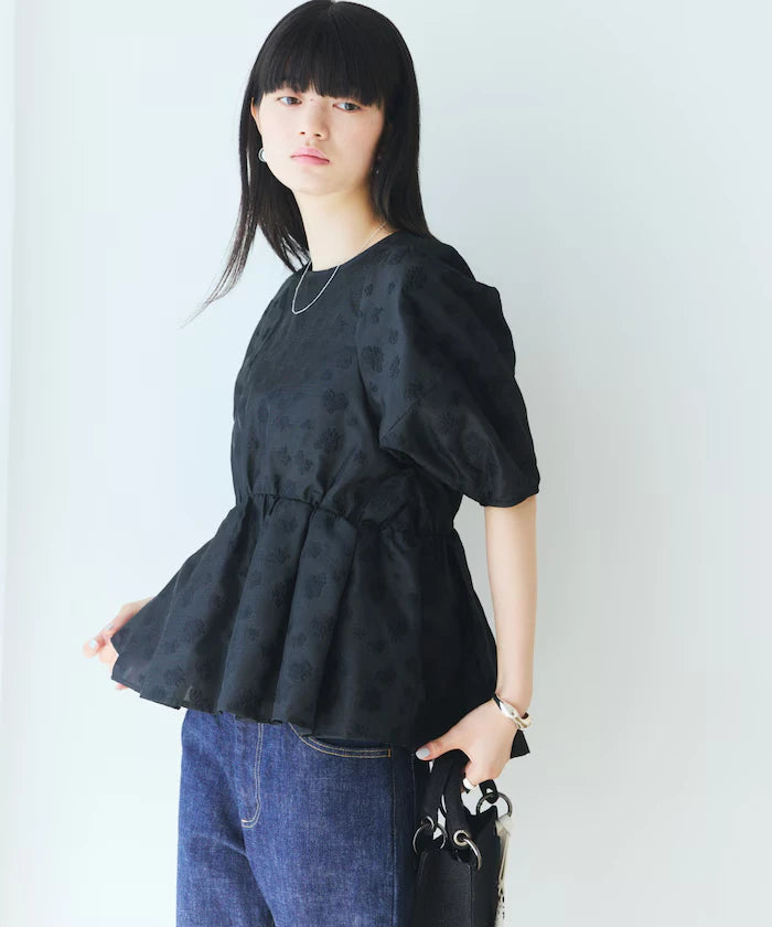 Flower Sheer Jacquard Volume Sleeve Peplum Blouse / 5 Minutes Sleeve