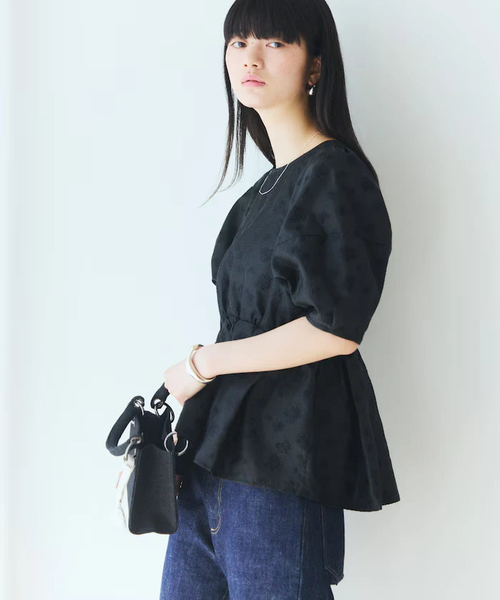 Flower Sheer Jacquard Volume Sleeve Peplum Blouse / 5 Minutes Sleeve