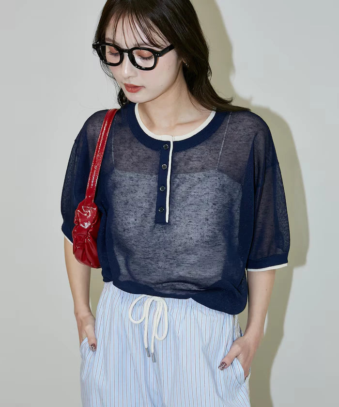 Washable linen color block henley neck knit top limited release